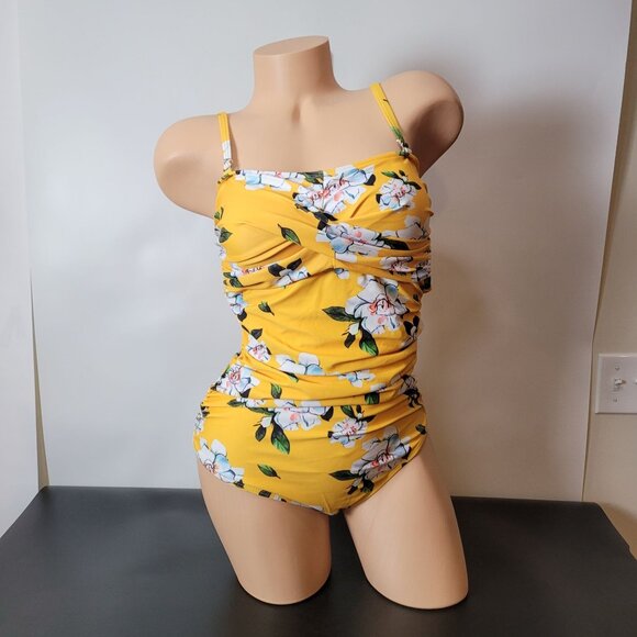 NWT - Smismivo Yellow Floral One-Piece Swimsuit With Ruched Front & Adjustable S - Picture 7 of 16